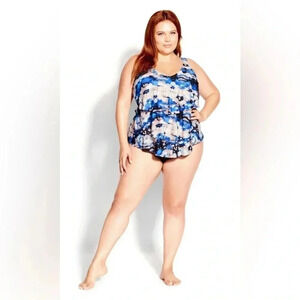 NWT Evans Blue Wave Print‎ Tiered Tankini Swim Top Women’s Size 22 Bathing Bra